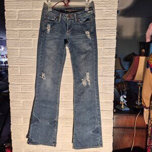 Vintage "Hint" jeans. sz 3.Distressed sexy fit. 10" flares. (29X33).